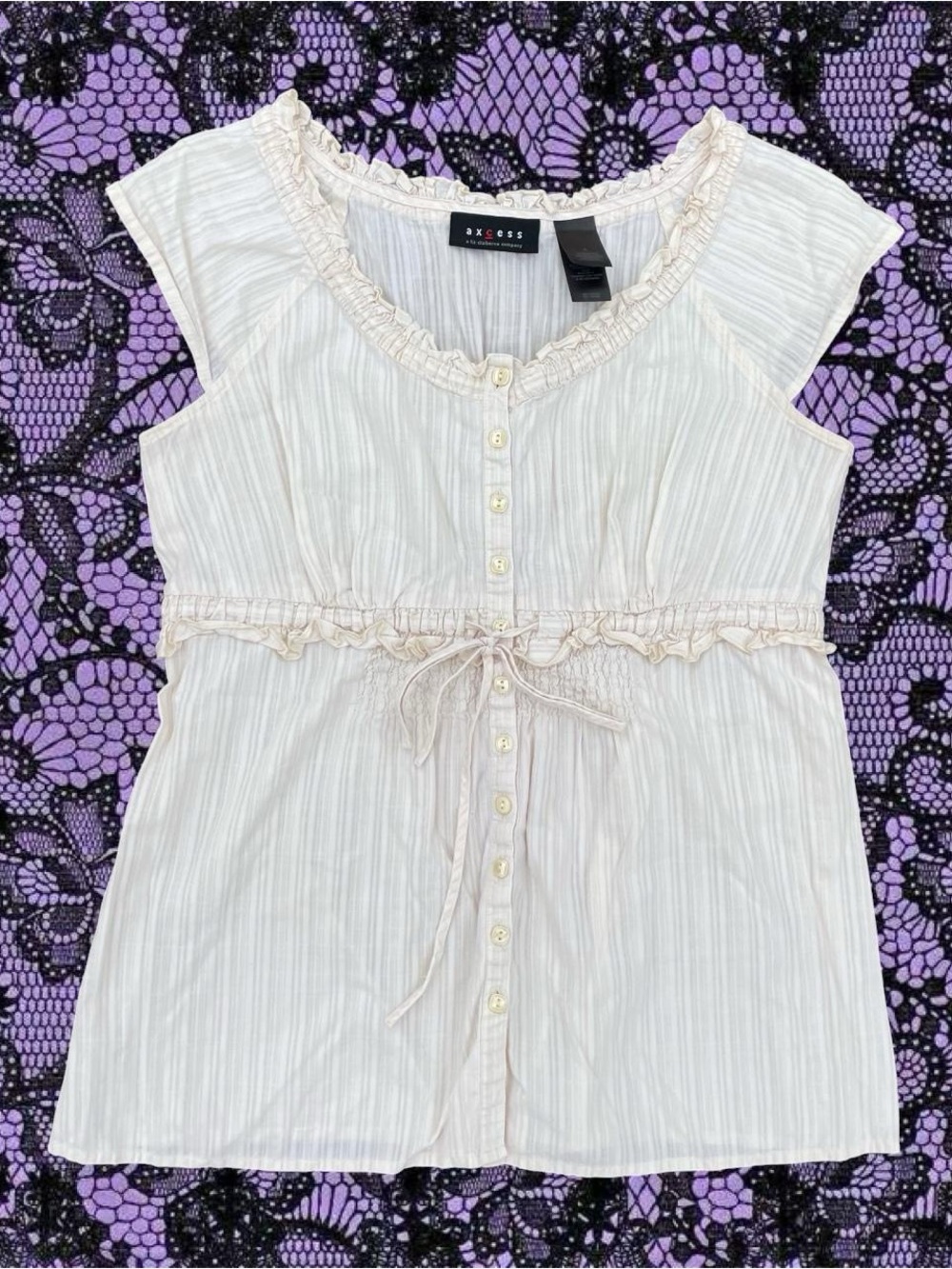 Cream Ruffle-Trim Button-Front Drawstring Waist Top